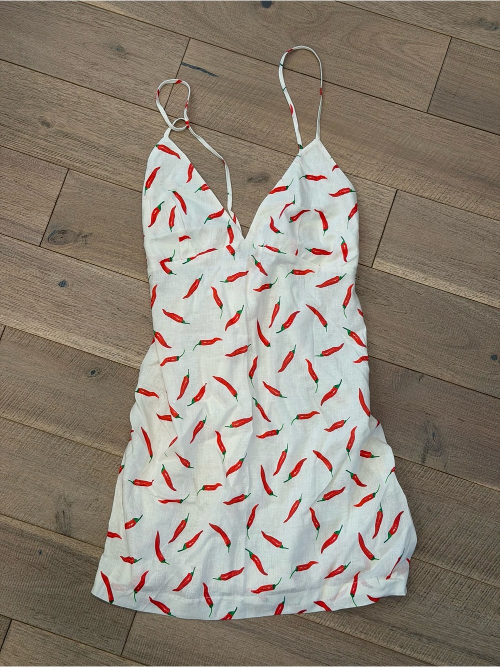 White Linen Slip Dress with Red Chili Pepper Print